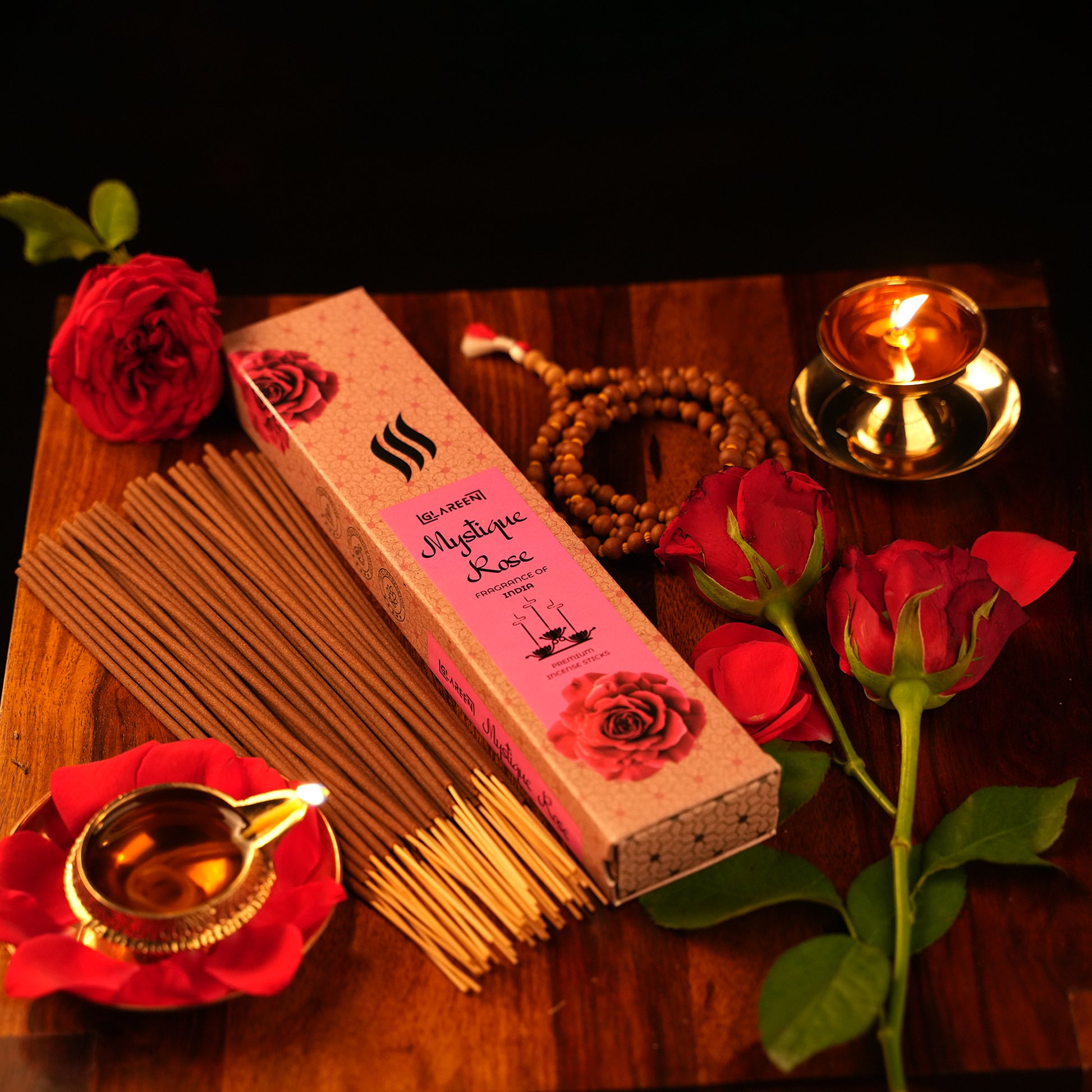 closeup real rose petal incense stick